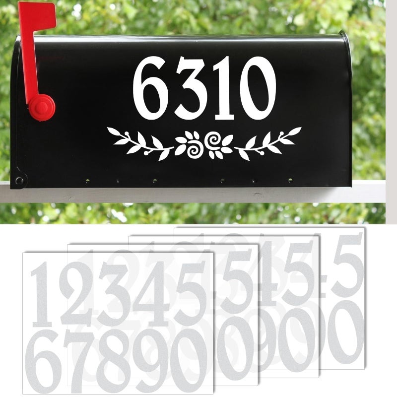HLARTNET 4 Inch Reflective White Mailbox Numbers Stickers  4 Set Waterproof Rustic Mailbox Decal  Self Adhesive Vinyl Number for Mail box  Door - Image 1